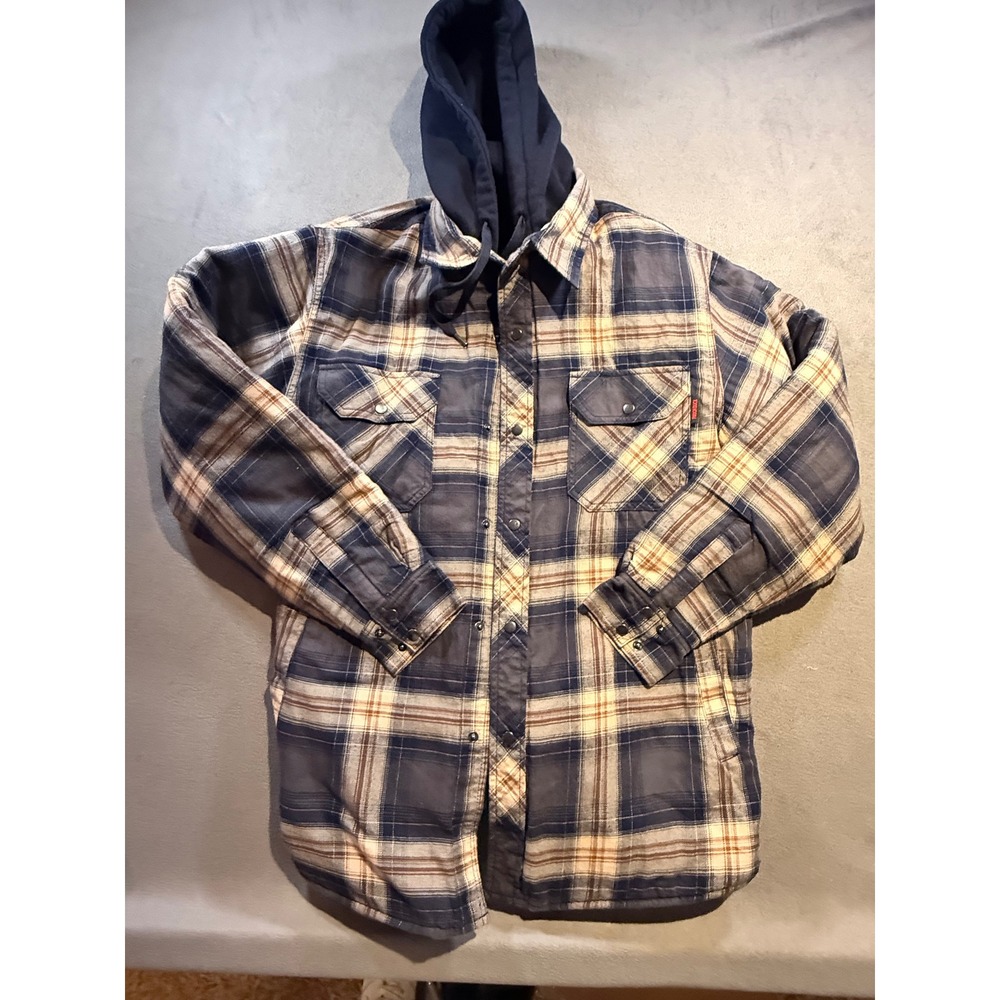 Tough Duck Mens Quilted Flannel Shirt Jacket Blue Plaid Hooded Workwear Small